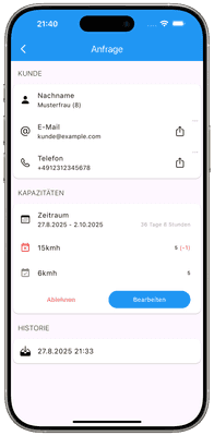 Screenshot: Anfrage Detailansicht
